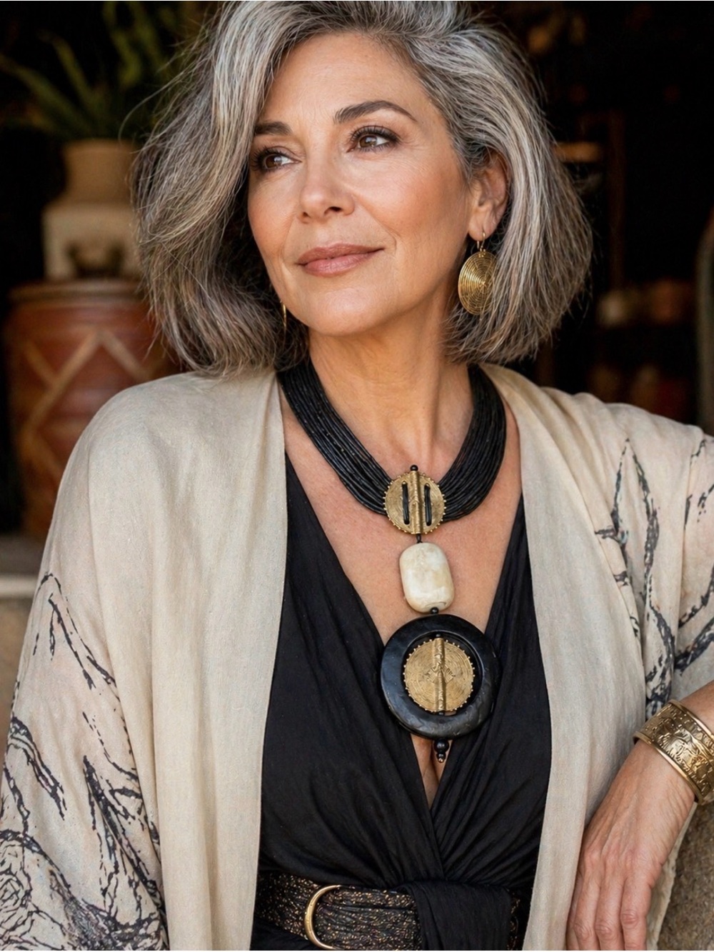Layered Black and Gold Statement Necklace - Women Jewelry
